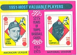 1975 Topps Mini Baseball Cards      189     Yogi Berra/Roy Campanella MVP